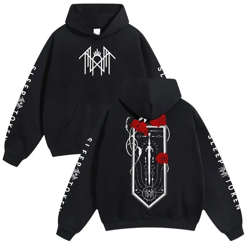 Sleep Token Band Hoodie  Pullover With Logo, Red Rose Graphic And Sleeve Print