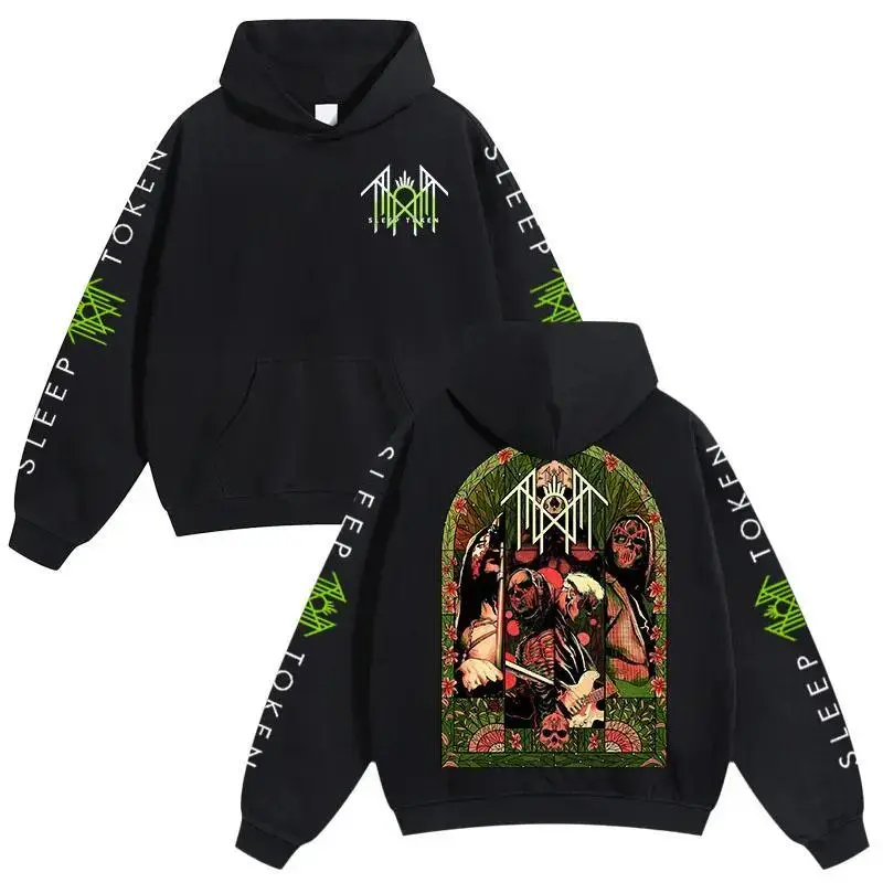 Sleep Token Band Hoodie  Pullover With Green Logo And Gothic Artwork Back Print