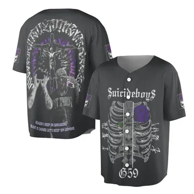 Suicideboys G59 Skeleton Ribcage Graphic Purple Rose Hip Hop Rap Music Baseball Jersey