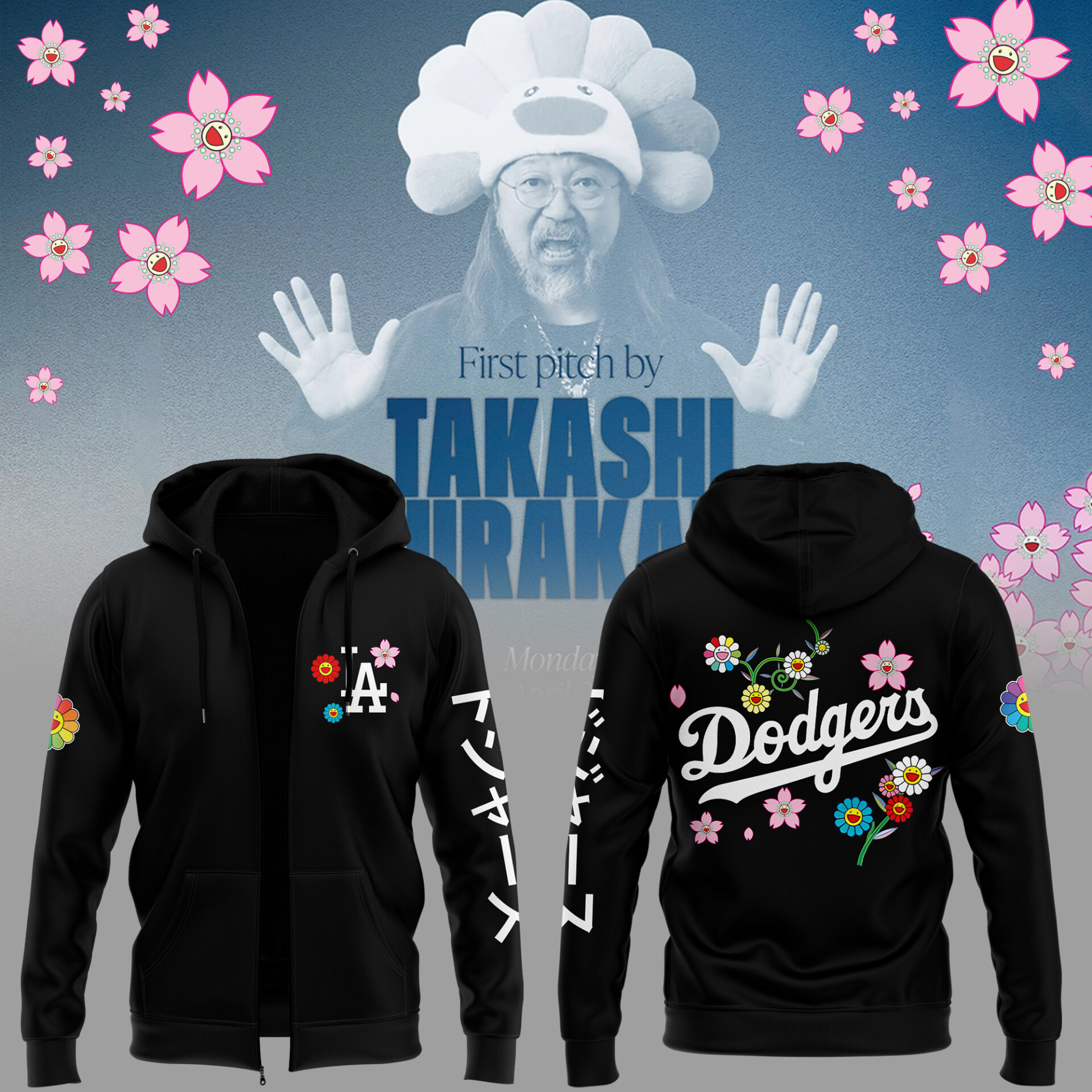 Los Angeles Dodgers x Takashi Murakami Japanese Heritage Night Zip Hoodie Baseball Father Day Gifts - Image 2