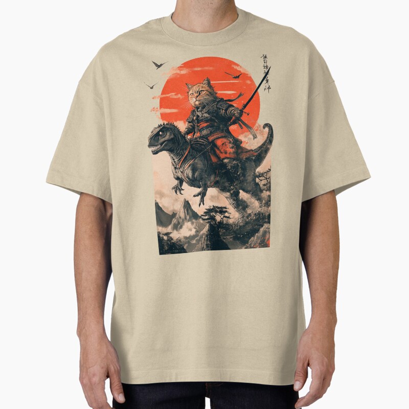 Samurai Cat Riding A Dinosaur Unisex Graphic T Shirt Short Sleeve Tee Everyday Casual Wear