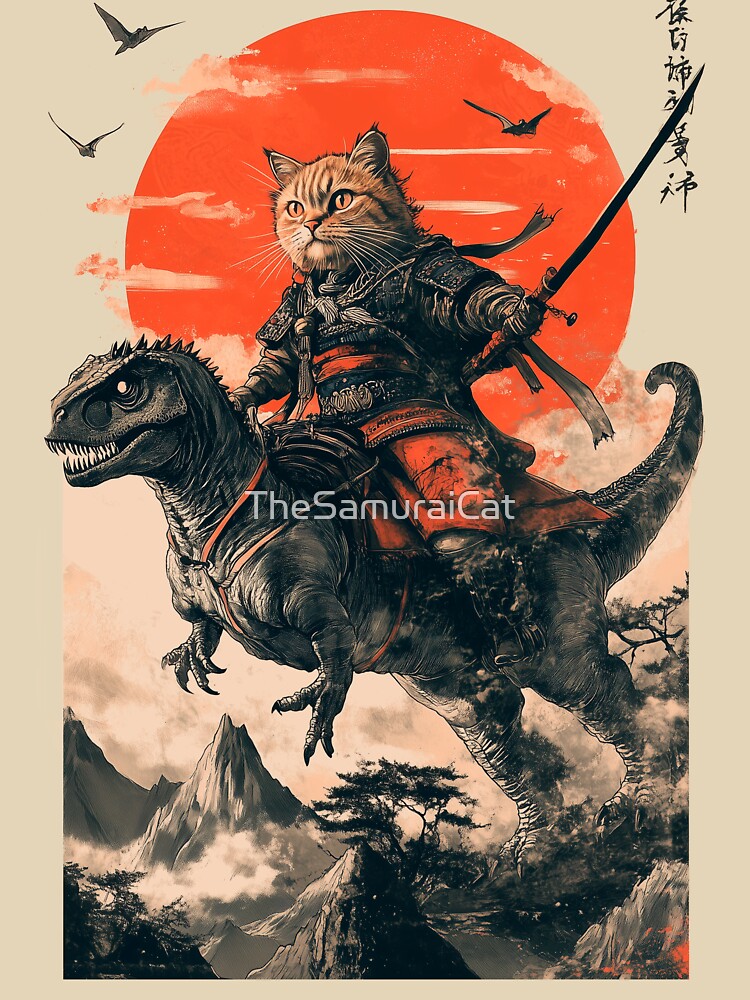 Samurai Cat Riding A Dinosaur Unisex Graphic T Shirt Short Sleeve Tee Everyday Casual Wear 3