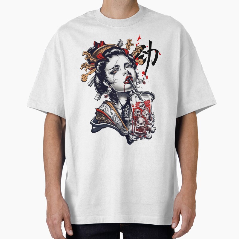 Japanese Geisha Girl Vaporwave Cyberpunk Popart Urban Style Unisex Graphic T Shirt Short Sleeve Tee Everyday Casual Wear