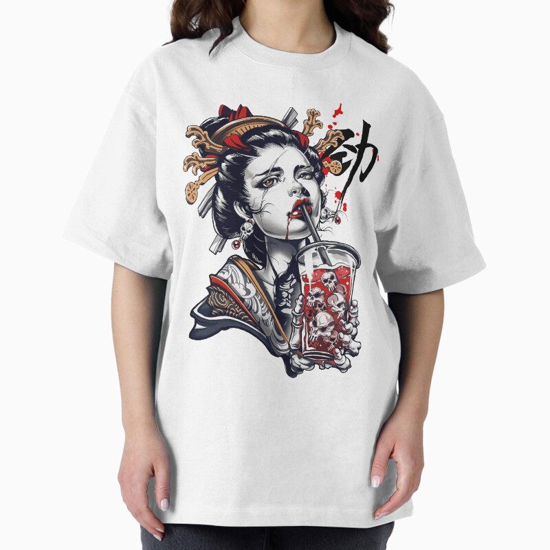 Japanese Geisha Girl Vaporwave Cyberpunk Popart Urban Style Unisex Graphic T Shirt Short Sleeve Tee Everyday Casual Wear 2