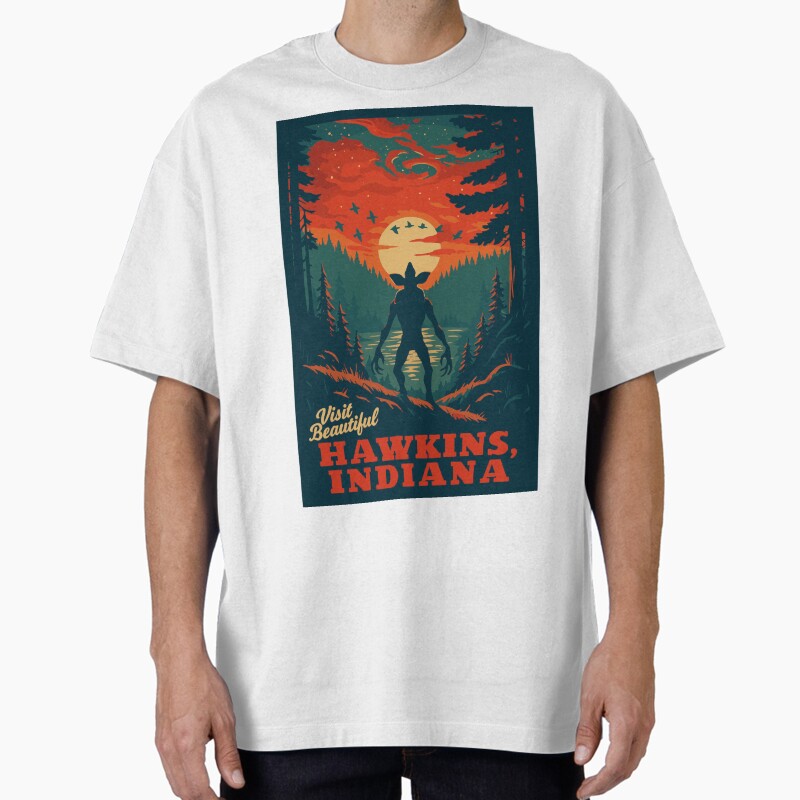 Visit Beautiful Hawkins , Indiana | National Park-Style Vintage Wpa Travel Art | Stranger Things Fan Art Satire | 12" X 18" Print Unisex Graphic T Shirt Short Sleeve Tee Everyday Casual Wear