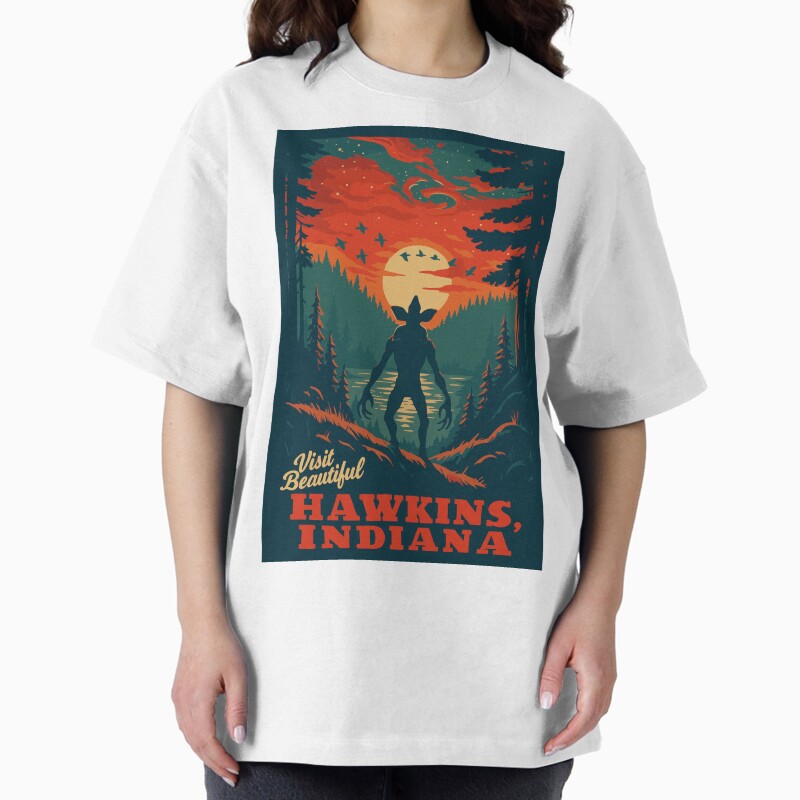 Visit Beautiful Hawkins , Indiana | National Park-Style Vintage Wpa Travel Art | Stranger Things Fan Art Satire | 12" X 18" Print Unisex Graphic T Shirt Short Sleeve Tee Everyday Casual Wear 2