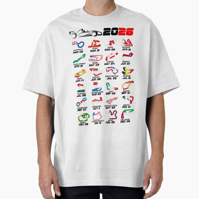 Calendar Formula Race Cars 2026 Circuits Colors White V2 Unisex Graphic T Shirt Short Sleeve Tee Everyday Casual Wear