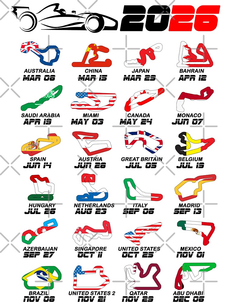 Calendar Formula Race Cars 2026 Circuits Colors White V2 Unisex Graphic T Shirt Short Sleeve Tee Everyday Casual Wear 3
