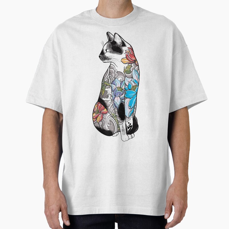 Cat In Lotus Tattoo Unisex Graphic T Shirt Short Sleeve Tee Everyday Casual Wear