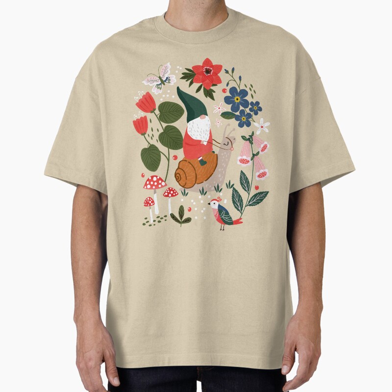 Whimsical Garden Gnome Riding Snail Unisex Graphic T Shirt Short Sleeve Tee Everyday Casual Wear