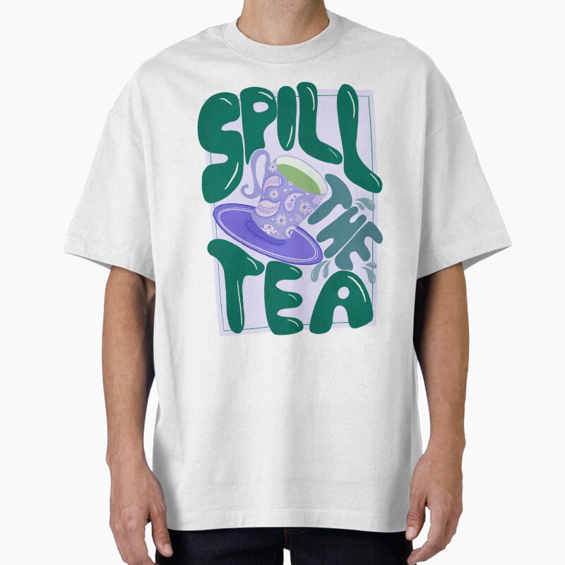 Spill The Tea - Retro Hand Lettering - Green And Purple Unisex Graphic T Shirt Short Sleeve Tee Everyday Casual Wear