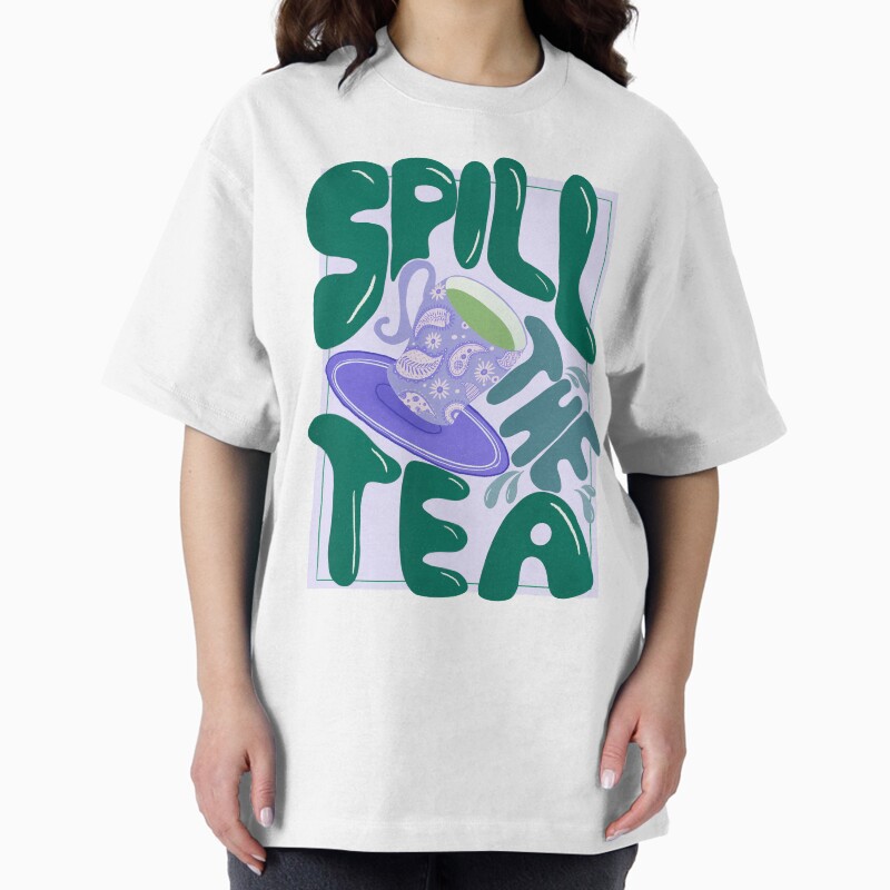 Spill The Tea - Retro Hand Lettering - Green And Purple Unisex Graphic T Shirt Short Sleeve Tee Everyday Casual Wear 2