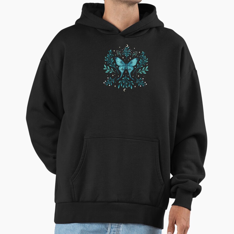 Mystical Moon Moth - Turquoise Unisex Hoodie Pullover Casual Streetwear Graphic Print