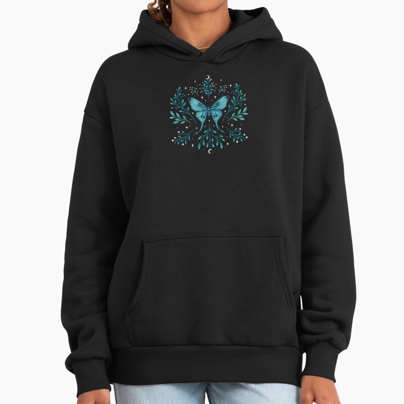 Mystical Moon Moth - Turquoise Unisex Hoodie Pullover Casual Streetwear Graphic Print 2