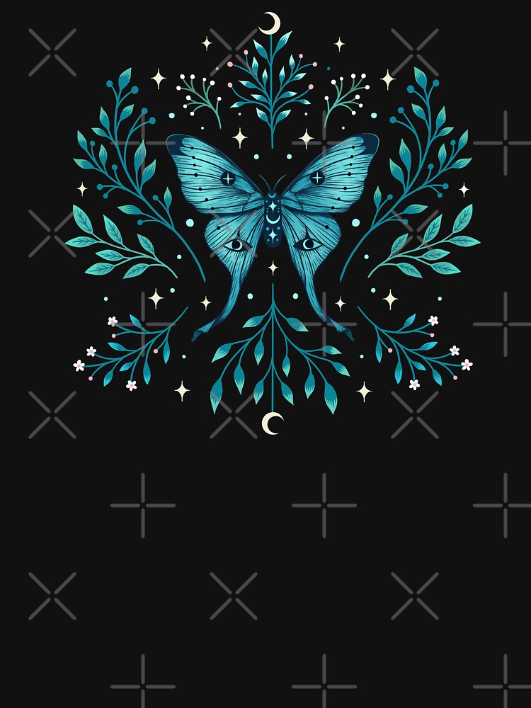 Mystical Moon Moth - Turquoise Unisex Hoodie Pullover Casual Streetwear Graphic Print 3