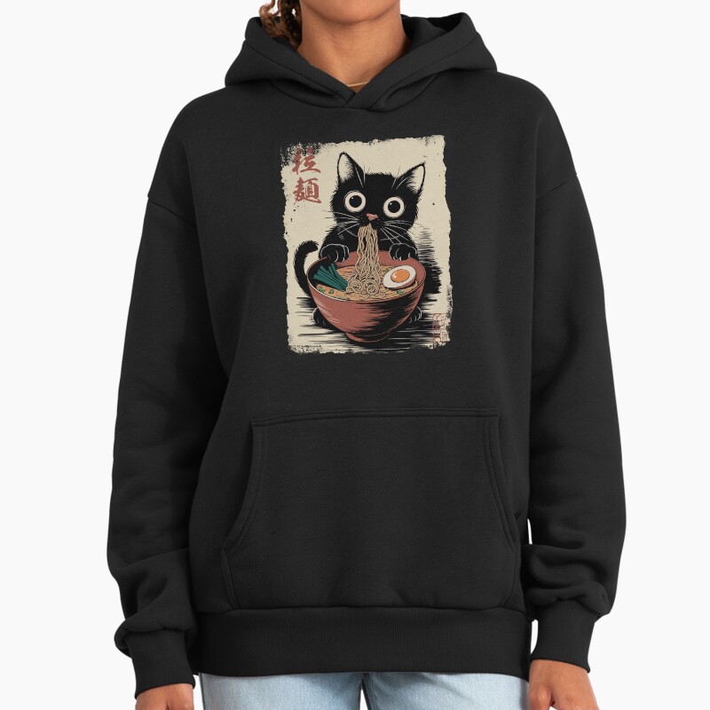 Ramen Cat - Black Cat Eating Ramen - Japanese Noodles - Cute Anime Style Art Unisex Hoodie Pullover Casual Streetwear Graphic Print 2