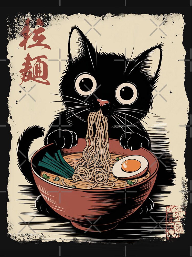 Ramen Cat - Black Cat Eating Ramen - Japanese Noodles - Cute Anime Style Art Unisex Hoodie Pullover Casual Streetwear Graphic Print 3