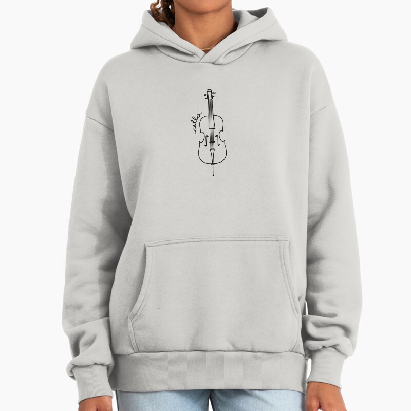Black And White Cello Art With Cursive Label Unisex Hoodie Pullover Casual Streetwear Graphic Print 2