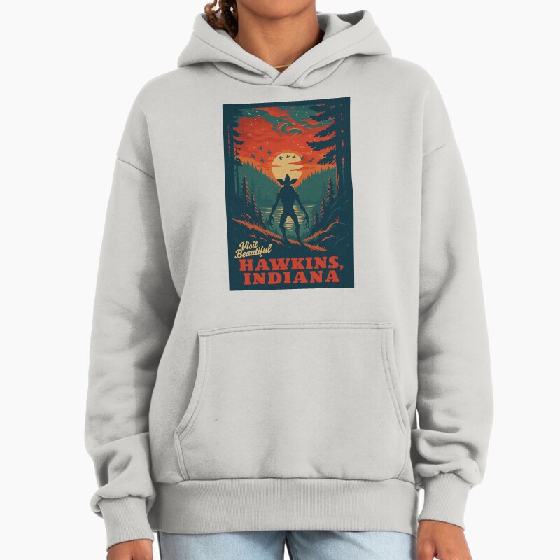 Visit Beautiful Hawkins , Indiana | National Park-Style Vintage Wpa Travel Art | Stranger Things Fan Art Satire | 12" X 18" Print Unisex Hoodie Pullover Casual Streetwear Graphic Print 2