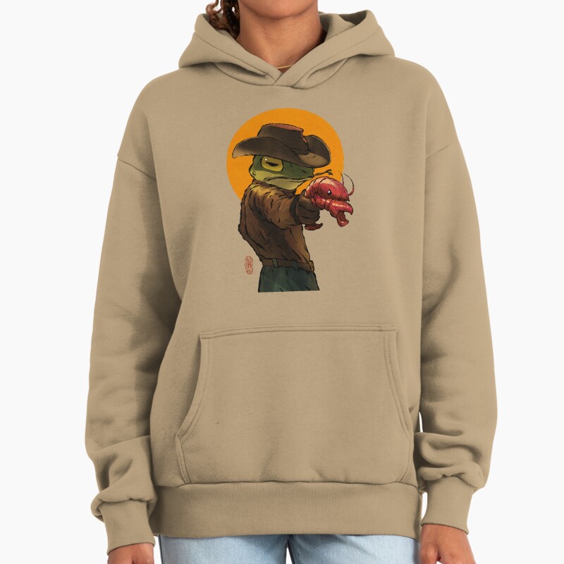 Gunslinger Cowboy Western Frog With Pistol Shrimp Crawdad Artwork Drawing Unisex Hoodie Pullover Casual Streetwear Graphic Print 2