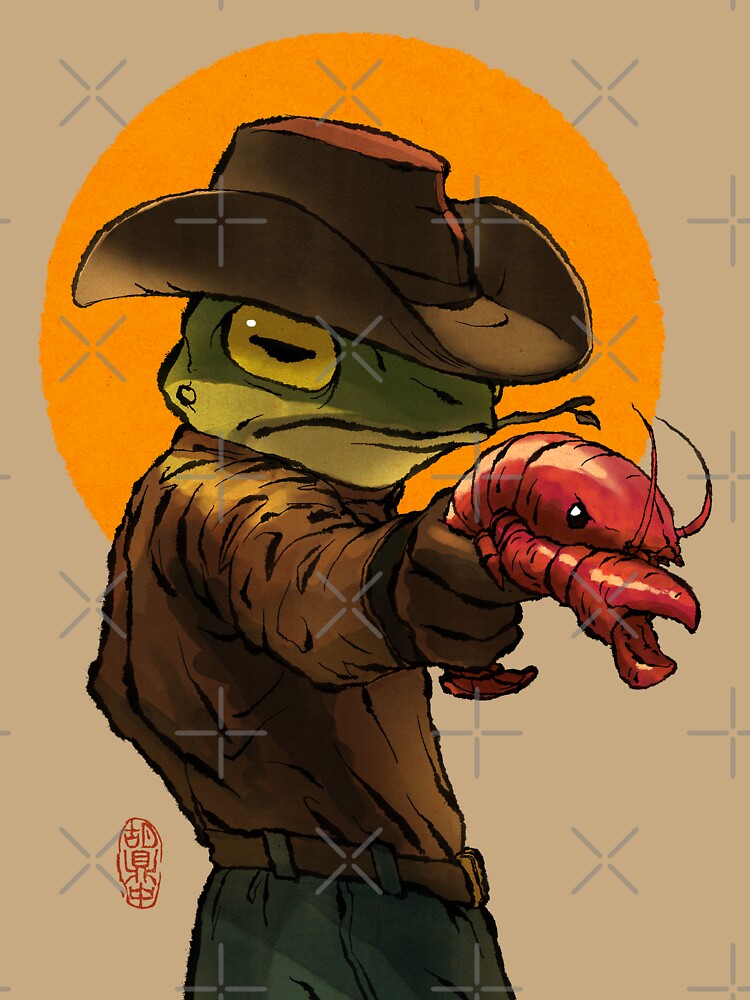 Gunslinger Cowboy Western Frog With Pistol Shrimp Crawdad Artwork Drawing Unisex Hoodie Pullover Casual Streetwear Graphic Print 3