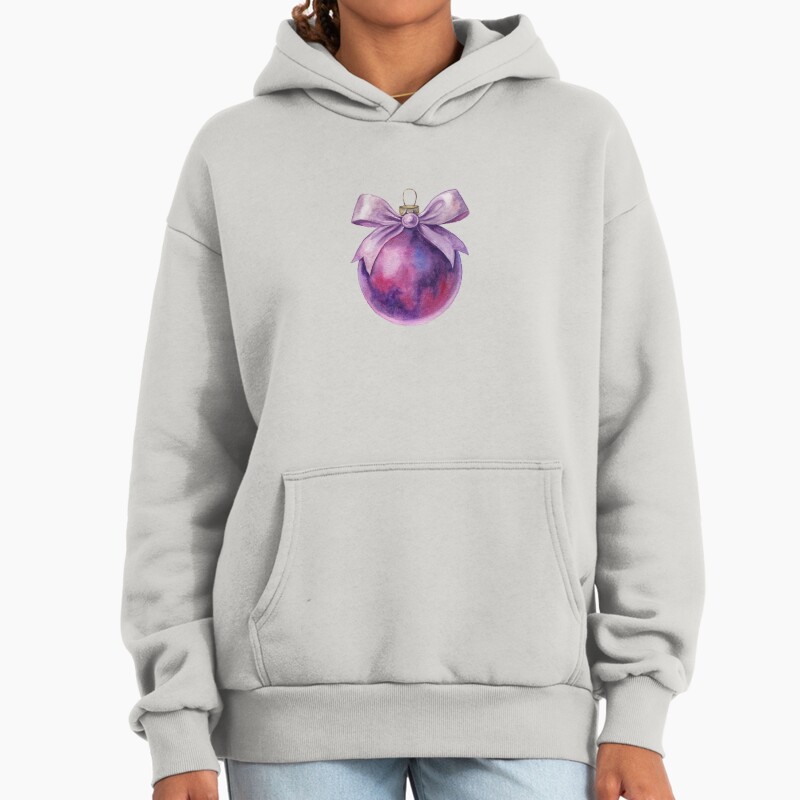 Purple Watercolour Christmas Bauble With Bow Unisex Hoodie Pullover Casual Streetwear Graphic Print 2