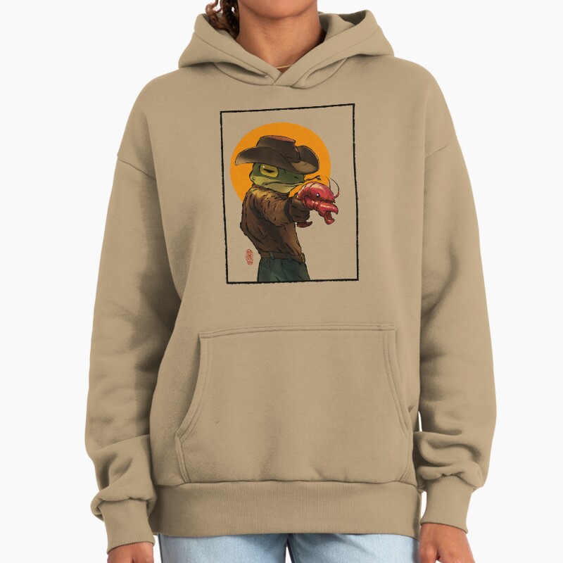 Gunslinger Cowboy Western Frog With Pistol Shrimp Crawdad Artwork Drawing With Frame Unisex Hoodie Pullover Casual Streetwear Graphic Print 2