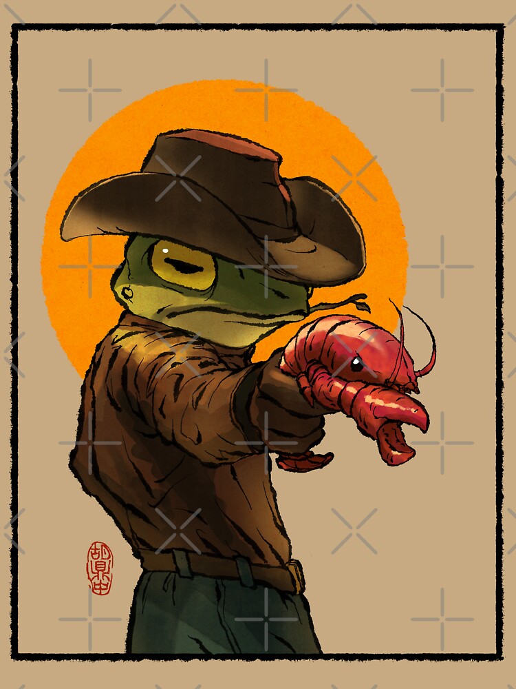 Gunslinger Cowboy Western Frog With Pistol Shrimp Crawdad Artwork Drawing With Frame Unisex Hoodie Pullover Casual Streetwear Graphic Print 3