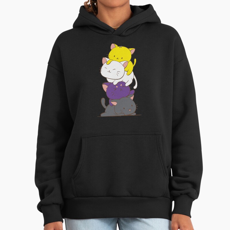 Nonbinary Pride Flag Kawaii Cats Cute Lgbtq Non-Binary Kitty For Enby Unisex Hoodie Pullover Casual Streetwear Graphic Print 2