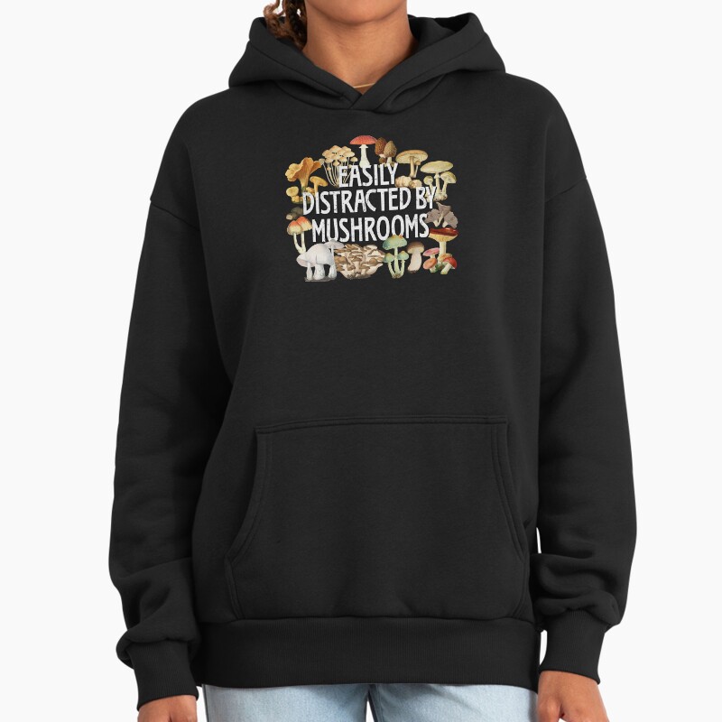 Easily Distracted By Mushrooms Funny Mushroom Lover Botanical Fungi Plants Morel Psychedelic Mushroom Forager Mushroom Gift Unisex Hoodie Pullover Casual Streetwear Graphic Print 2
