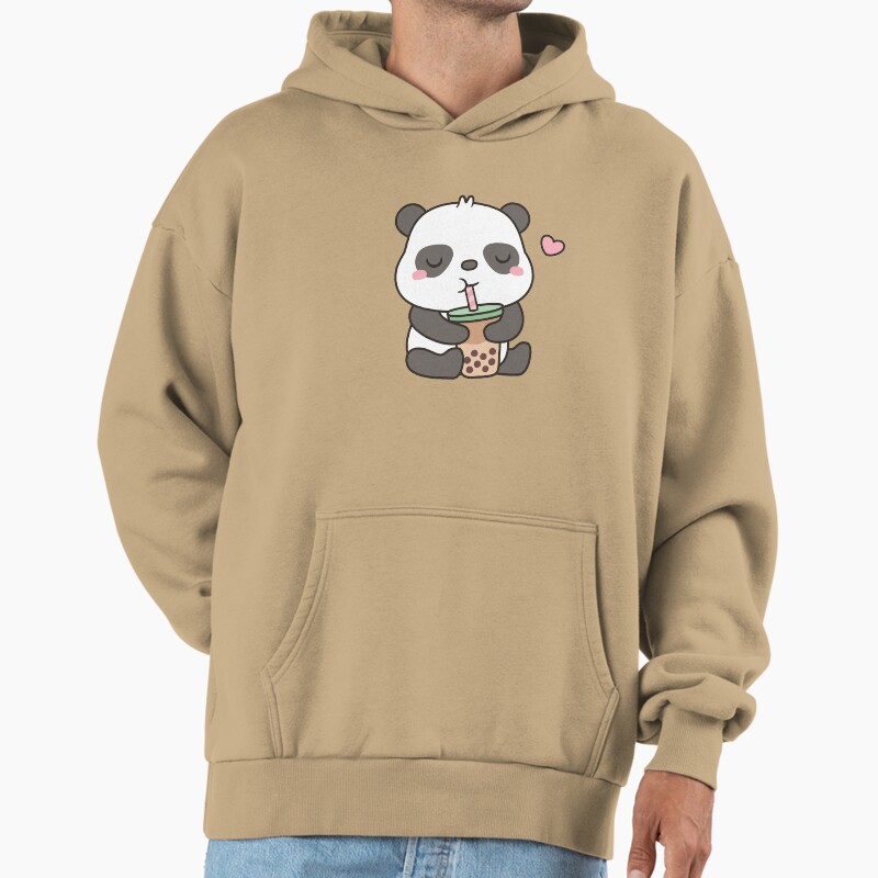 Cute Little Panda Enjoying Boba Tea Unisex Hoodie Pullover Casual Streetwear Graphic Print