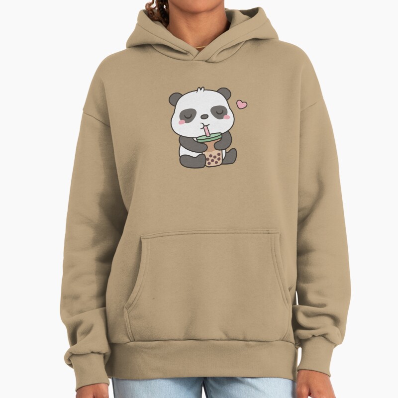 Cute Little Panda Enjoying Boba Tea Unisex Hoodie Pullover Casual Streetwear Graphic Print 2