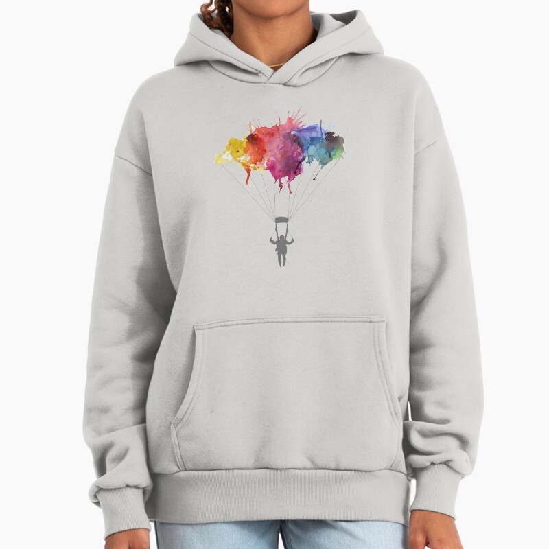 Skydiving, Skydiver Parachute, Parachuting. Watercolor Illustration Unisex Hoodie Pullover Casual Streetwear Graphic Print 2