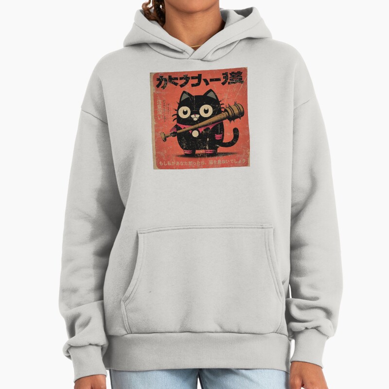 Retro Black Cat With Baseball Bat Funny Cartoon Comic Unisex Hoodie Pullover Casual Streetwear Graphic Print 2