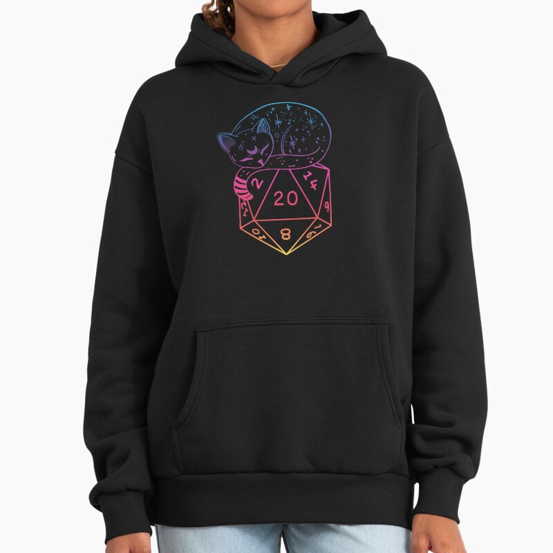 D20 Cat: Rainbow Dnd Dice. Unisex Hoodie Pullover Casual Streetwear Graphic Print 2