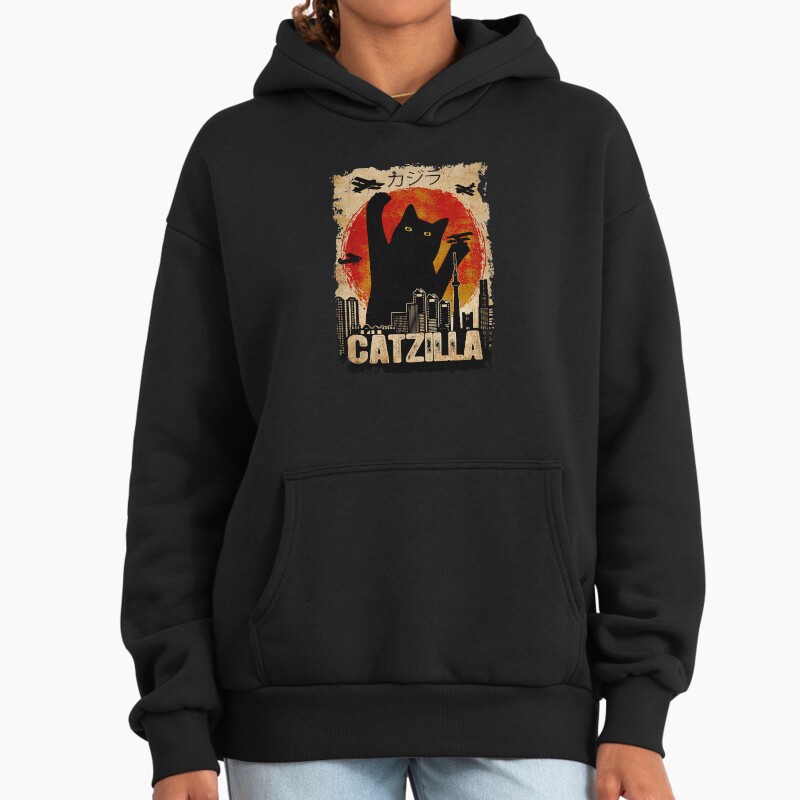 Vintage Catzilla Funny Black Cat T-Shirt Unisex Hoodie Pullover Casual Streetwear Graphic Print 2