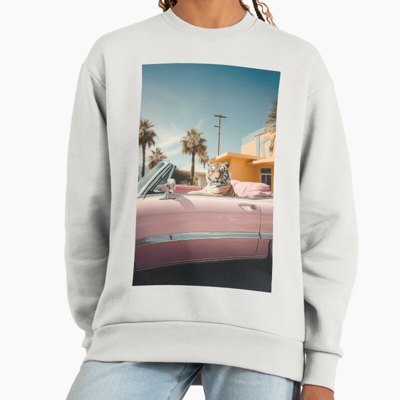 Cool Tiger In A Pastel Cabrio In Palm Springs Unisex Sweater Crewneck Pullover Casual Streetwear Graphic Print 2