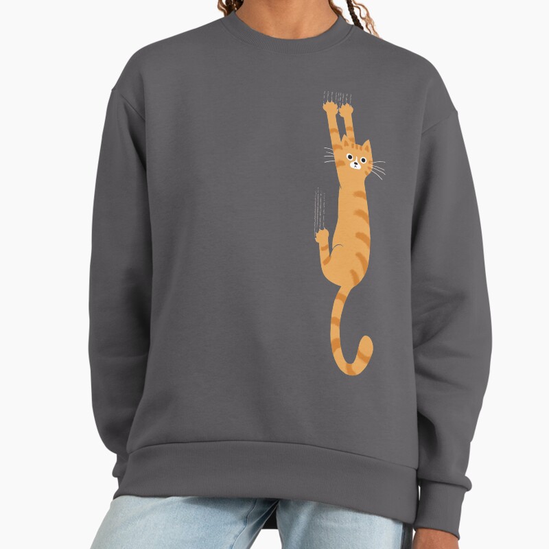 Orange Tabby Cat Hanging On | Funny Striped Cat Unisex Sweater Crewneck Pullover Casual Streetwear Graphic Print 2