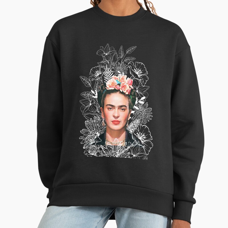 Frida Kahlo Portrait Color, White Flowers, Black Background Unisex Sweater Crewneck Pullover Casual Streetwear Graphic Print 2