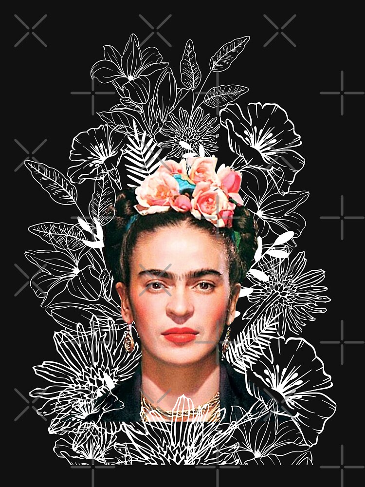 Frida Kahlo Portrait Color, White Flowers, Black Background Unisex Sweater Crewneck Pullover Casual Streetwear Graphic Print 3