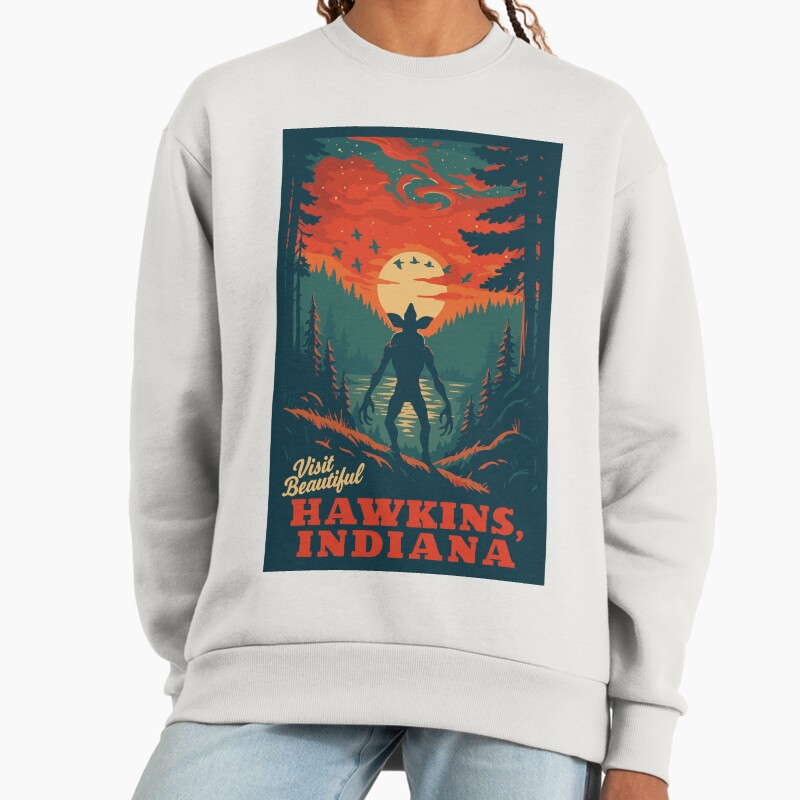 Visit Beautiful Hawkins , Indiana | National Park-Style Vintage Wpa Travel Art | Stranger Things Fan Art Satire | 12" X 18" Print Unisex Sweater Crewneck Pullover Casual Streetwear Graphic Print 2