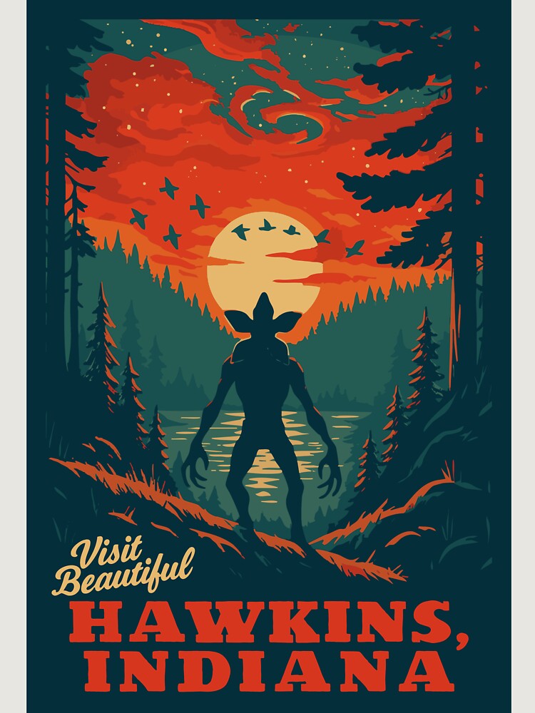 Visit Beautiful Hawkins , Indiana | National Park-Style Vintage Wpa Travel Art | Stranger Things Fan Art Satire | 12" X 18" Print Unisex Sweater Crewneck Pullover Casual Streetwear Graphic Print 3