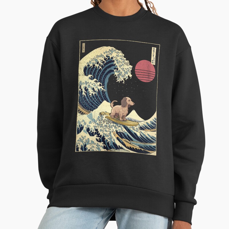 Dachshund Kanagawa Japanese Surfing Wave Unisex Sweater Crewneck Pullover Casual Streetwear Graphic Print 2