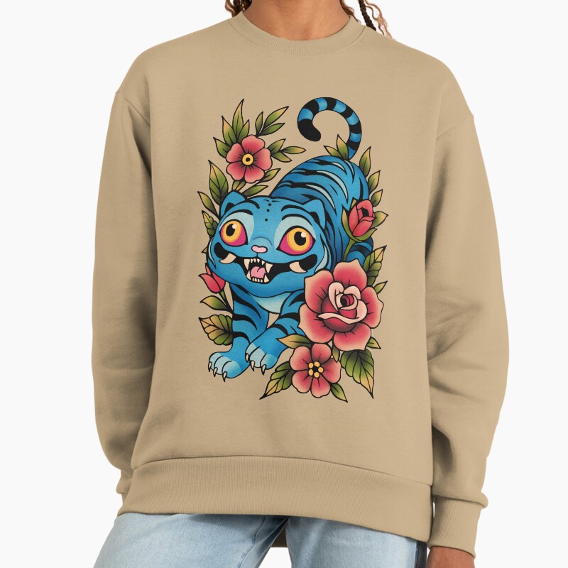 Korean Blue Tiger Tattoo Unisex Sweater Crewneck Pullover Casual Streetwear Graphic Print 2