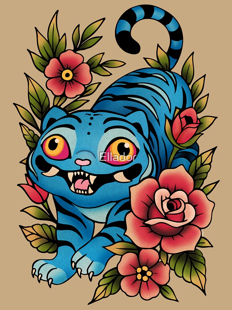 Korean Blue Tiger Tattoo Unisex Sweater Crewneck Pullover Casual Streetwear Graphic Print 3
