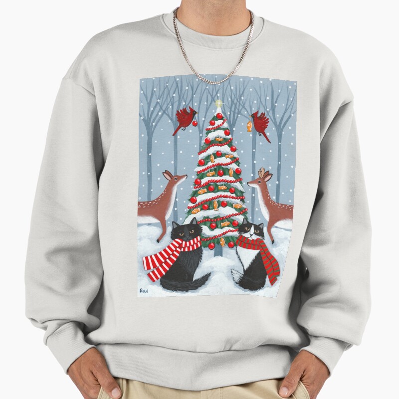 The Woodland Cats Christmas Tree Unisex Sweater Crewneck Pullover Casual Streetwear Graphic Print