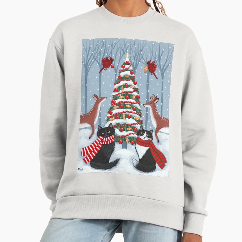 The Woodland Cats Christmas Tree Unisex Sweater Crewneck Pullover Casual Streetwear Graphic Print 2