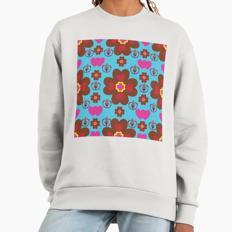 Blue Heart Floral Pattern  Bright Retro Love Design Unisex Sweater Crewneck Pullover Casual Streetwear Graphic Print 2