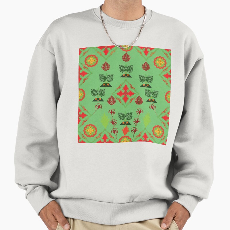 Thai Festival Motif Leaf Green Harmony Unisex Sweater Crewneck Pullover Casual Streetwear Graphic Print