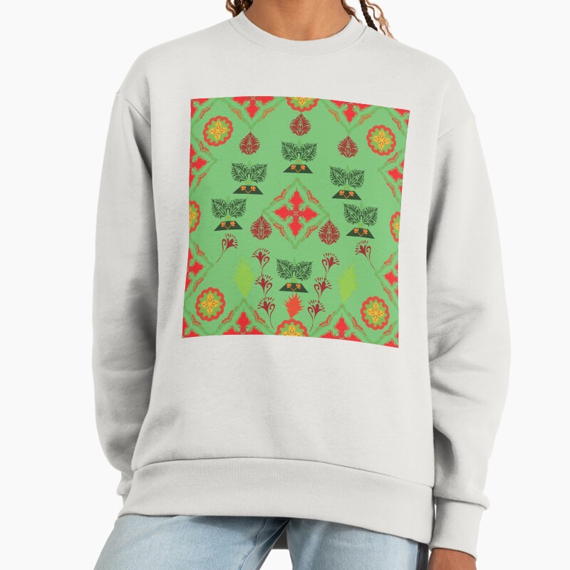 Thai Festival Motif Leaf Green Harmony Unisex Sweater Crewneck Pullover Casual Streetwear Graphic Print 2